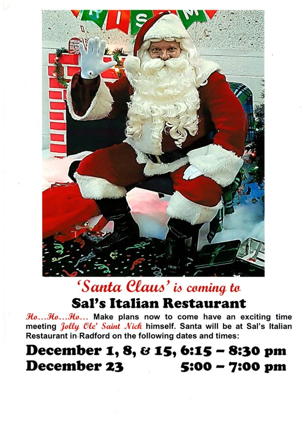Santa Claus is coming to town. Come for dinner then take free pictures with Santa. Don't forget to bring your wish list. Ciao