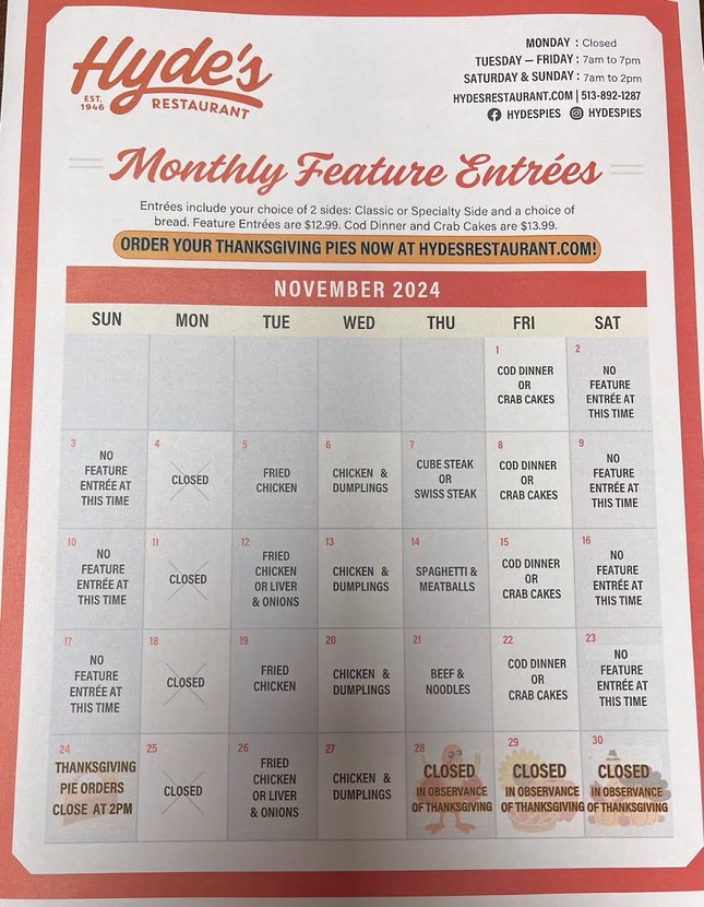 Hyde's Restaurant Monthly Feature Entrees