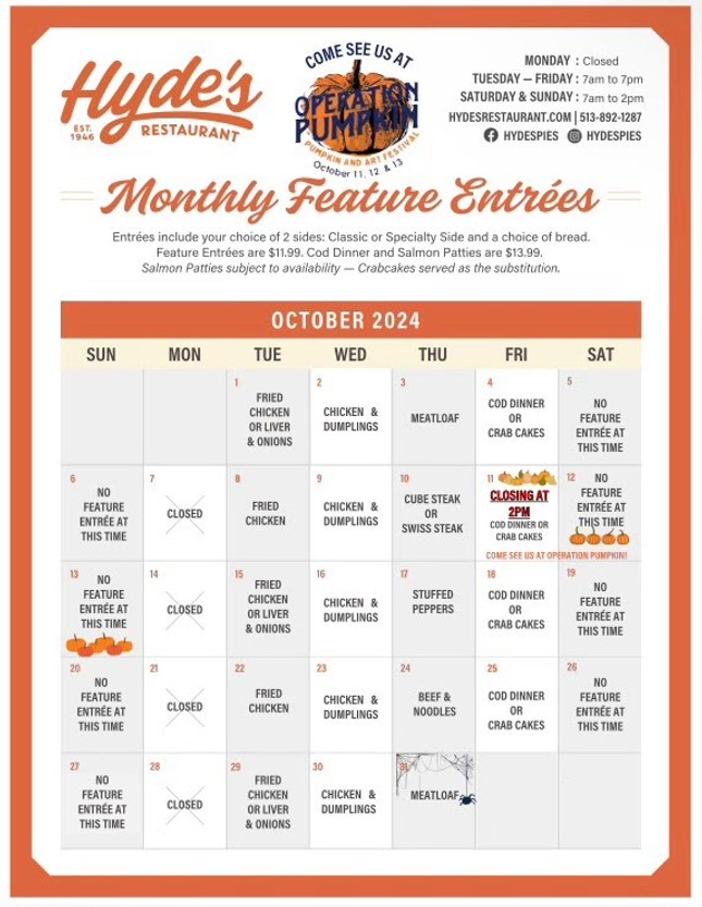 Hyde's Restaurant Monthly Feature Entrees