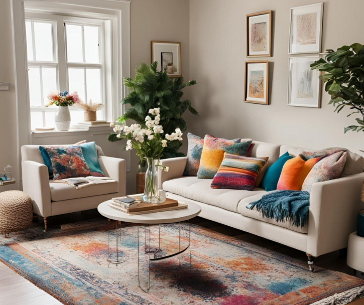 Living room with soft colors brightened with colorful accessories.